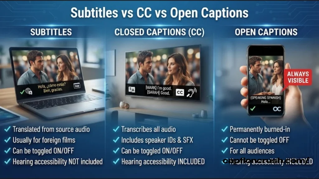 Closed Captions vs Open Captions vs Subtitles Compared