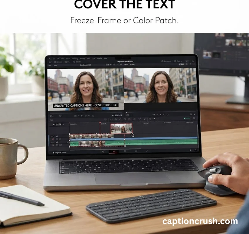 Cover the text with a freeze-frame or color patch